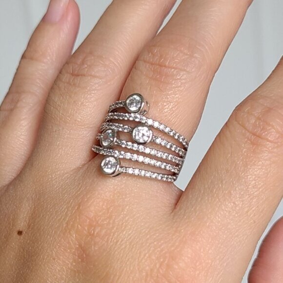 Vintage Sterling Silver Sparkle Crystal Layer Wrap Ring Size 6 - Picture 11 of 16